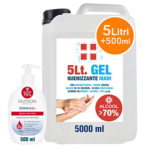 Tanica Gel per Mani da 5 Litri Alcool >70% con 500ml Dispenser >75% GLENOVA Igienizzante Antibatterico Sanificante Alcolico Profumato Azione Rapida Contro Germi e Batteri