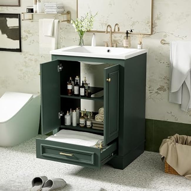 24 Modern Green Bathroom Vanity with 2 Doors & 2 Drawers, Freestanding, Soft Close Doors, Ceramic Sink