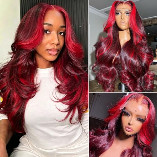 13x6 99J Burgundy Lace Front Wigs Human Hair with Red