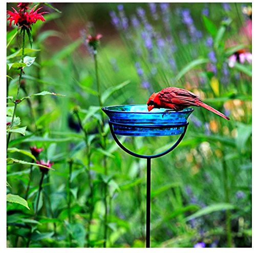 Romantic Decor and More Cuban Mosaic Garden Stake Birdbath Feeder G467VF Recycled Glass Birdseed Mealworm Bowl Container with Adjustable Height Stake - Aqua - Thumbnail 5