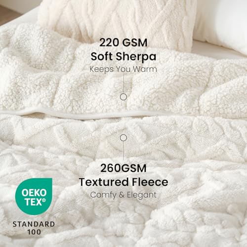 Image of Drewin Weighted Blanket 15lbs Queen Size, Soft and Thick Jacquard Sherpa Throw Blanket for Calm and Relax, Dual Sided Ultra Cozy Fluffy Heavy Blankets with Ceramic Beads, 60 x 80 inches, Cream White