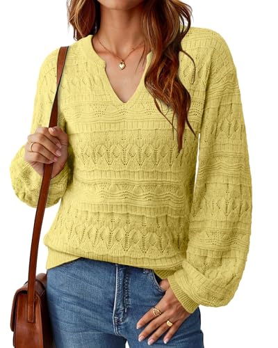 Furnex Sweaters for Women Fall Loose Pullover Knit Tops Casual Lantern Sleeve V Neck Cute Soft Ladies Dressy Blouses Shirts2