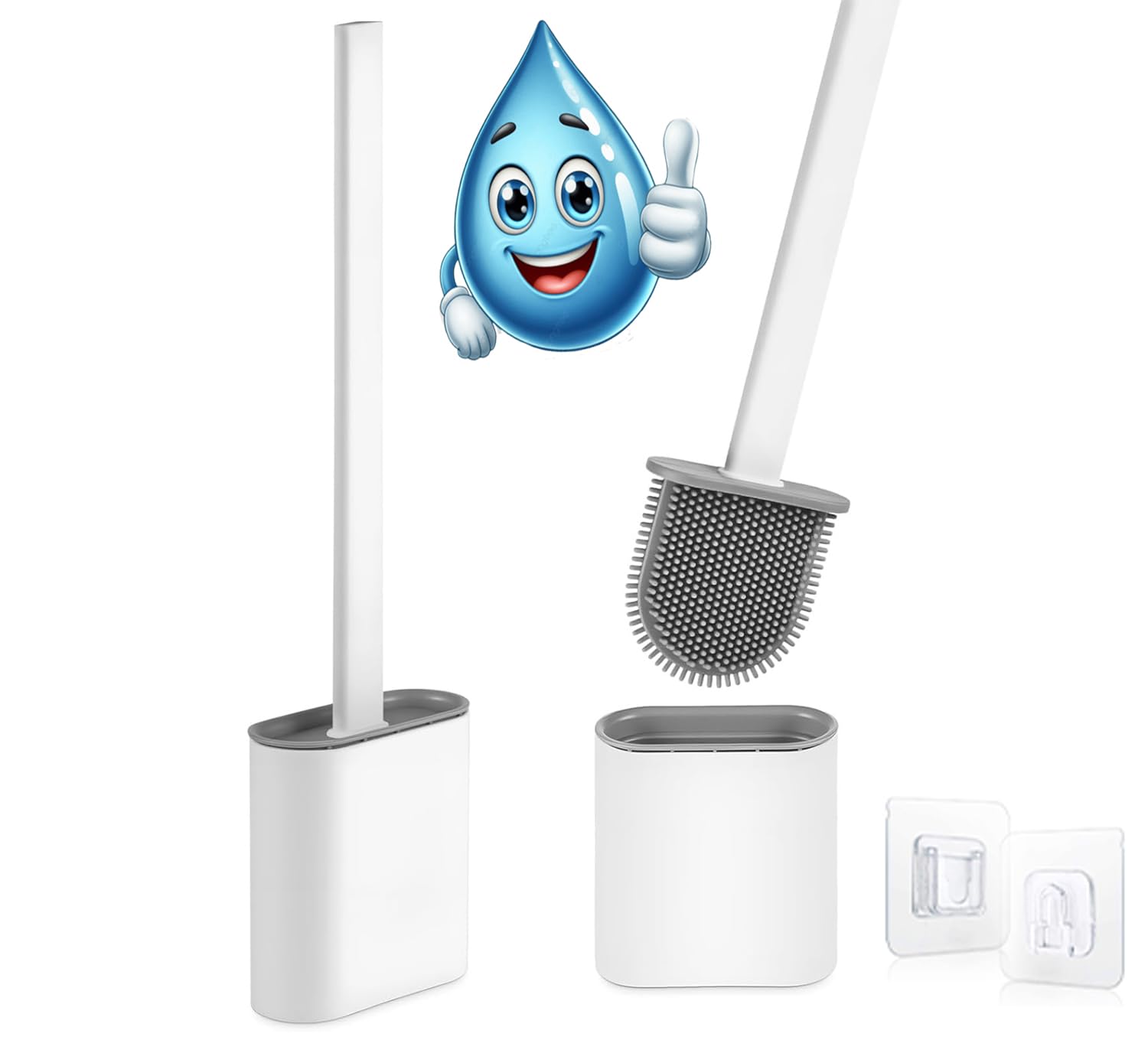 Silicone Toilet Brush and Holder Set, Pack of Flexible Non‑Scratch Bristles, Quick Dry Ventilated Base for Bathroom Cleaning, Slim Hygienic Design – White/Grey.