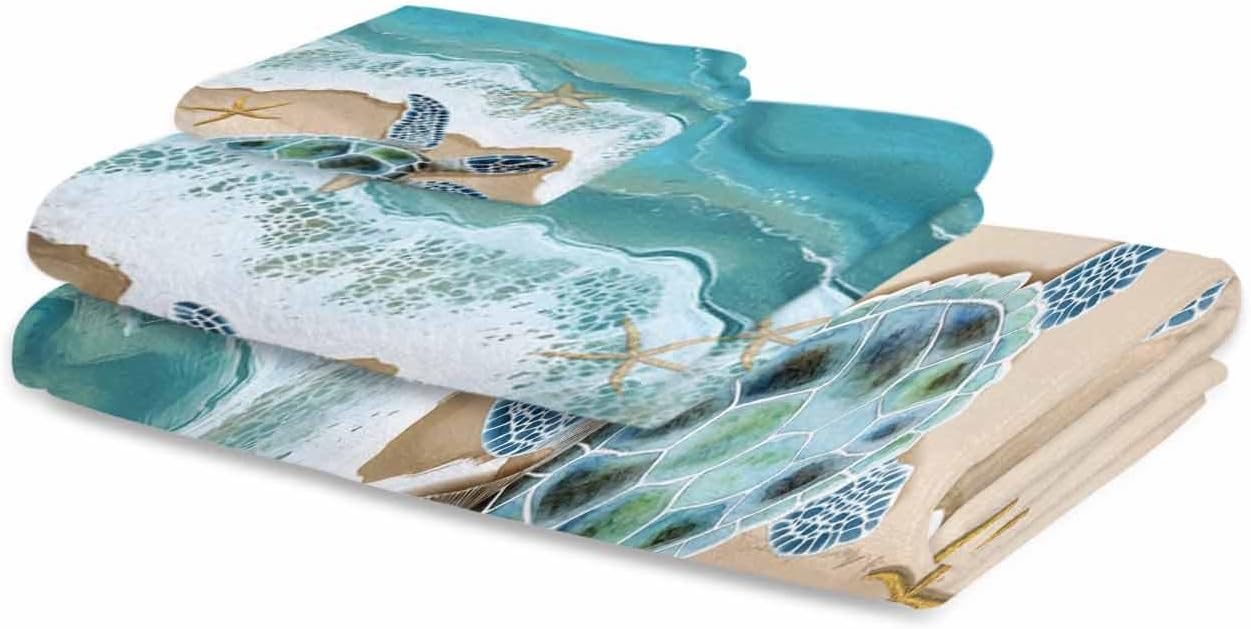 Bath Towel Sets, Summer Sea Turtle Starfish Bathroom Towels Soft Hand Towel Washcloth Cotton Towel Set,Absorbent Soft Bath Set for Hotel Beach Pool Seaside Beach Ocean Spray Towels - Image 2