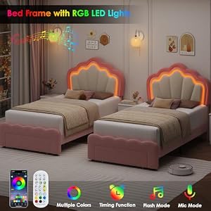 HOSTACK Twin Upholstered LED Bed Frame with Storage Drawer Cute Girls Bed with Adjustable Lotus Headboard Velvet Princess Platform Bed Frame Wooden Slats Support No Box Spring Needed PinkBeige