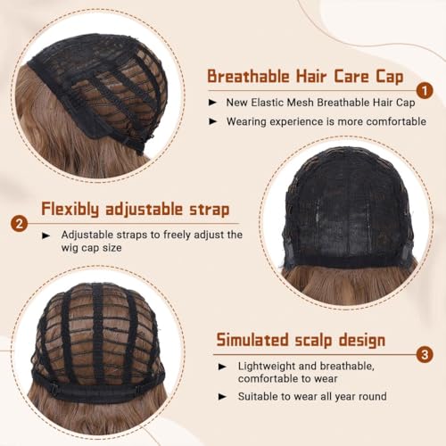 Image of Pastel Brown Wavy Bob Wig for Women, Short Shoulder Length Synthetic Wig with Bangs, Natural Looking Lightweight Hairpiece for Daily Wear & Cosplay Costume Party