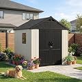 Devoko Plastic Outdoor Storage Shed with Floor, 8 x 6 FT Resin Tool Garden Shed with DIY Window and Lockable Door, Outside Kick-it Shed for Patio,Garden, Backyard, Lawn, Beige