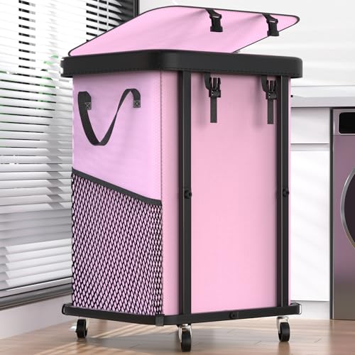 Image of 150L (40 Gal) Large Fashion Laundry Basket with Wheels, Leather Patchwork Rolling Hamper Carts, Sturdy Metal Frame, Removable Washable Bag, Tall Clothes Sorter for Bedroom (Pink, 1 Section-150L)