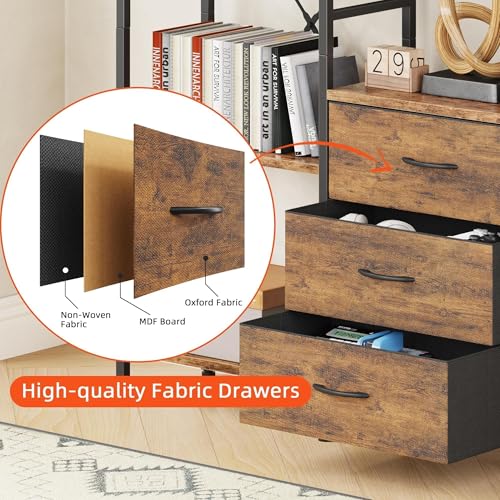 Triple Bookshelf with 3 Fabric Drawers, 4-Tier Book Shelf and 10 Display Shelves, Industrial Large Bookcase for Home & Office, Rustic Brown, 47'' Wide - Image 5