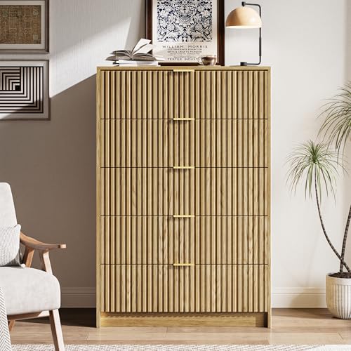 Image of MAISONARIA 47 inch Tall Fluted 5-Drawer Dresser for Bedroom, Natural