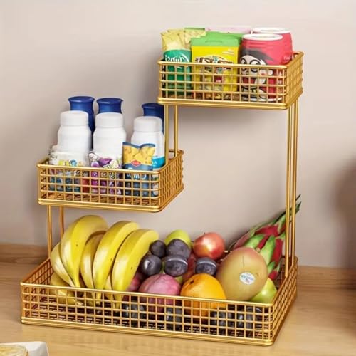 Image of 4 Tier Fruit Basket for Kitchen | Space Saving Decorative Kitchen Organizer | Multi-Layer Dining Table Organizer for Fruits, Snacks & Jars (3 Tier - Gold)
