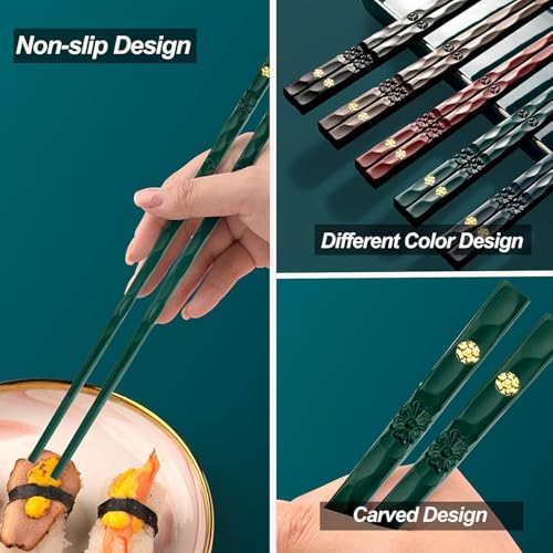 5 Pairs of Reusable Chopsticks, Fiberglass Premium Japanese Chinese Korean Chopsticks, Dishwasher Safe, Non-Slip Chopsticks, Lightweight, 9.6 in / 24.3 cm (Multicolor-Dark) - Image 3