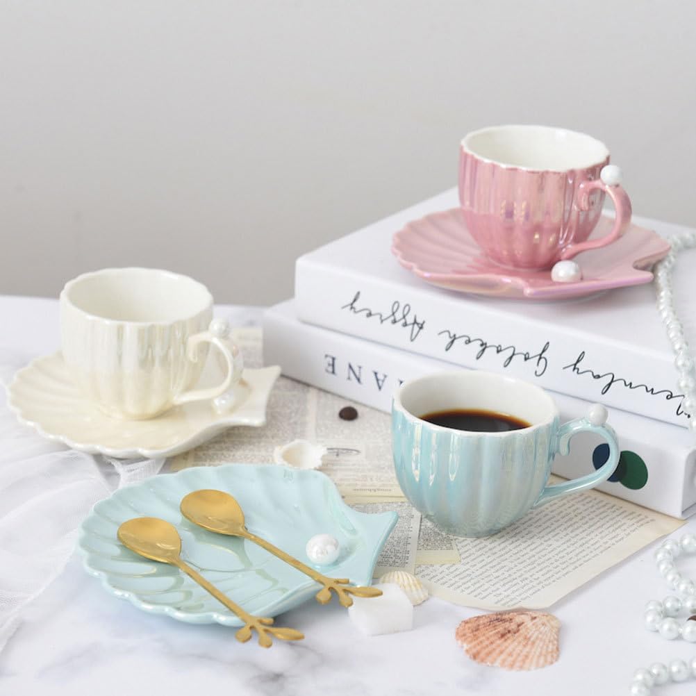 DOITOOL Kaffeebecher Mit Untertasse Aus Keramik Weiße Perlmutt Tasse Für Kaffee Und Tee 4 Zoll Espressotasse Mit Stabilem Design Für Haushalt Und Büro