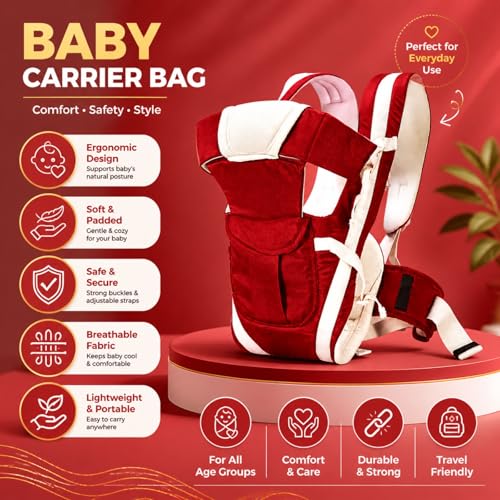 Image of LittleBoo New Born Baby Carrier Bag 4-in-1 Adjustable Baby Sitting Carrier Bag - Front & Back Carry with Head Support, Safety Belt & Buckle Straps for 0-24 Months (Red)