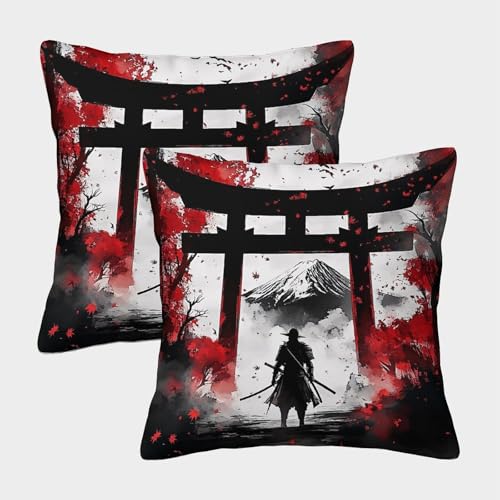 FELASBUID Samurai Warrior—Japanese Ink Painting Style Pillow Covers 2 Pack Cozy Pillowcase Available All Seasons Cushion Case Zippered Decorative for Couch Livingroom 50x50cm