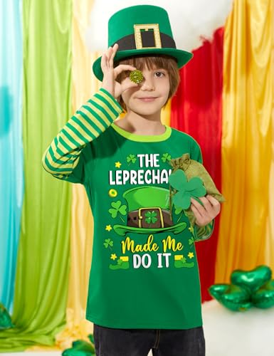 Image of Unisex Kid's St Patrick's Day Shamrock Top Striped Patchwork Irish Clover Long Sleeve Shirt 4-14 Years