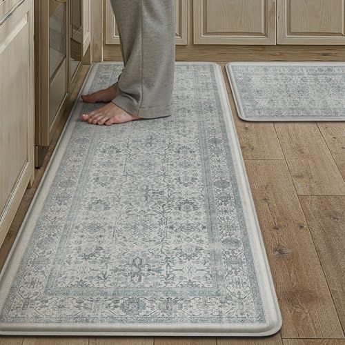 Kitchen Mats 2PCS Anti Fatigue Cushioned Mat Blue Vintage Kitchen Mats for Floor Waterproof Non Slip Comfort Standing Distressed Rug for Sink Laundry