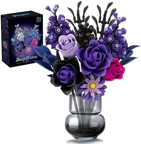 Purple Rose Bouquet Building Set, Artificial Floral Building Toys for Gothic Home Decor, Ideal Gift for Halloween & Christmas, Compatible with Lego Flower Set for Adults, Women, and Teen Girls