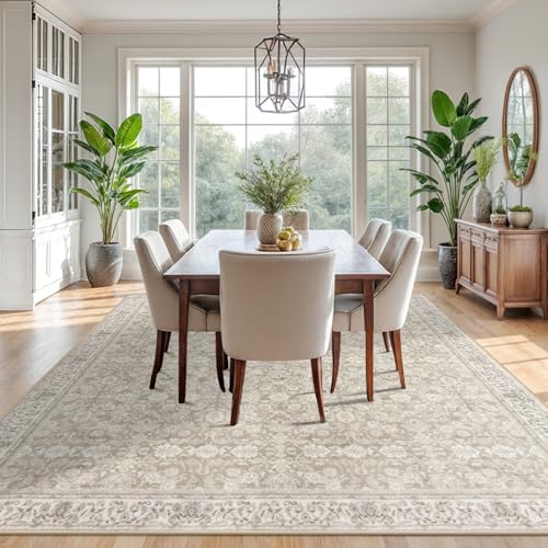 Cream Beige White Grey 9x12 Area Rug, Large Washable Rug for Living Room with Non-Slip Soft Vintage Bedroom Rugs Traditional Farmhouse Carpet for Nusery Dining Room Office Home Décor
