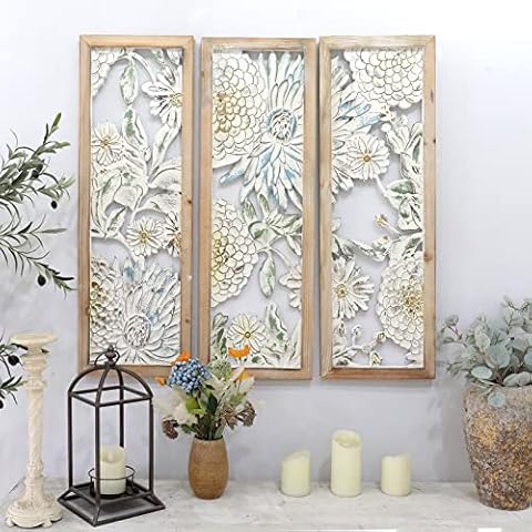 G-LEAF Carved Wood Flowers Wall Decor,Decorative Carved Wall Hanging Panel Set of 3, Floral Wall Art Wooden Sculpture for Entrance Hall,Living Room ,Bedroom Cover
