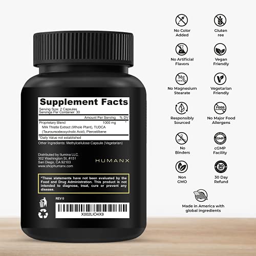 Humanx Tudca+ 1000Mg (Tauroursodeoxycholic Acid) - Usa Third Party Tested - Liver Health Aid For Detox And Cleanse - Vegan, Non Gmo - Easy To Swallow Capsules - Tudca Bile Salt Supplement Powder #TOP1