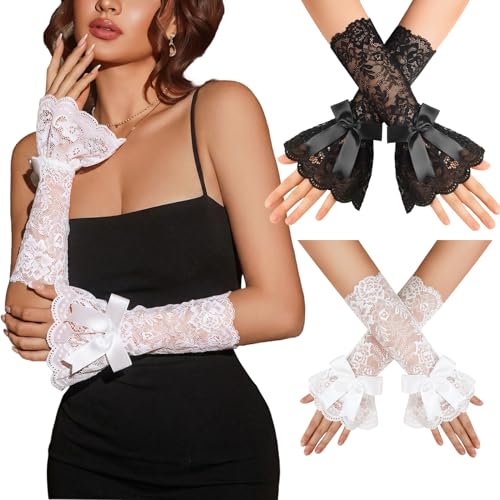 Avidlove Womens Lace Fingerless Gloves Mid Length Sleeve with Bow for Bridal Prom Wedding Party Costume Accessories