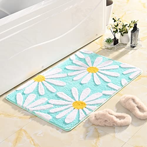 QJHOMO Green Bathroom Rug Cute Daisy Bath Mat White and Yellow Flower Decor Rugs Non Slip Floor Carpet Microfiber Bathmat Super Absorbent Machine Washable Bathtub Mats for Shower (24x36 inch) by QJHOMO - Used condition - Image 6