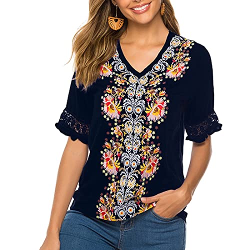 Ak Women's Summer V Neck Boho Embroidered Shirts Short Sleeve Casual Tops Blouse (Black, S) #TOP4