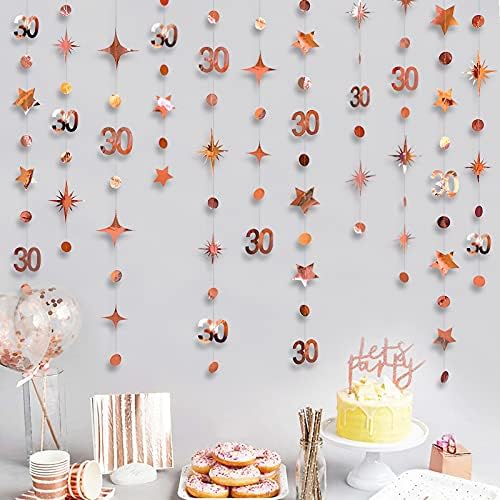 Rose Gold 30th Birthday Garlands Decorations Number 30 Circle Dot Twinkle Star Banner Metallic Hanging Streamer Bunting Backdrop for Her 30 Years Old Birthday Thirty Anniversary Party Decor Supplies