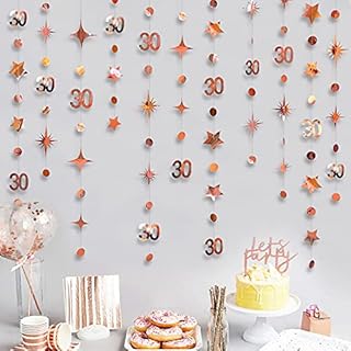 Rose Gold 30th Birthday Garlands Decorations Number 30 Circle Dot Twinkle Star Banner Metallic Hanging Streamer Bunting Backdrop for Her 30 Years Old Birthday Thirty Anniversary Party Decor Supplies