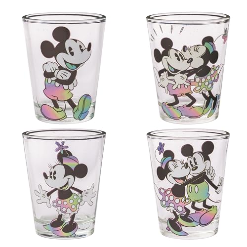 Silver Buffalo Disney Vintage Mickey and Minnie Rainbow Sheen Outfits 4 Pack Mini Glasses, 1.5 Ounces