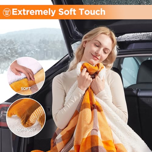 Image of Westinghouse Heated Car Blanket, 12-Volt Electric Blanket for Car, Truck, SUV, RV, Portable Heated Throw for Camping, Orange Buffalo Plaid, 59 inch x 43 inch