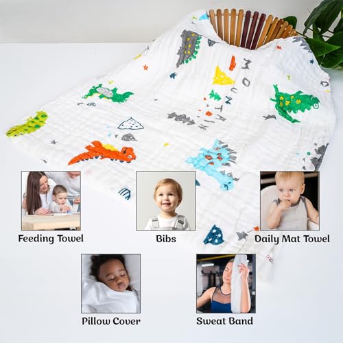 Image of Muslin Bath Towel for Babies - 6 Layer Premium Cotton, Super Soft, Breathable & Highly Absorbent, Gentle on Sensitive Skin for Kids Boys and Girls(105 * 50 CM, Dinosaurs)