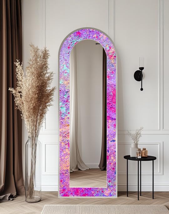 Cosmic Bloom - Specchio da pavimento astratto a lunghezza intera, 50 x 160 cm, specchio da pavimento colorato con cornice nera