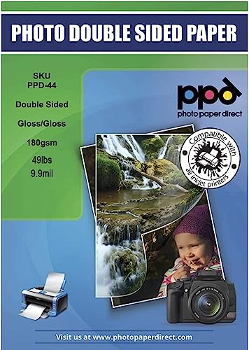 PPD 50 X A4 Papier Photo Double Face Brillant, Impression Jet d'encre, 180g, 50 Feuilles Recto Verso de Qualité Photo Professionnelle, PPD-44–50