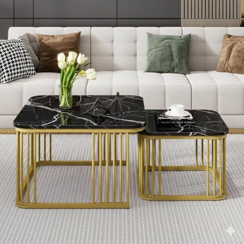 Image of Brown Art SHOPPEE Square Coffee Table Home Decor Furniture Coffee Table Sets,2 Piece MDF Top,Stacking Nesting Table with Iron Frame for Living Room Living Room or Lounge (Goldaen Black)