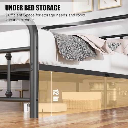 Image of Shintenchi Twin Size Metal Platform Bed Frame with Headboard & Footboard, Steel Slat Mattress Foundation, Under Bed Storage, Noise-Free, No Box Spring Needed, Black Round