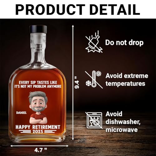 Wrappiness Happy Retirement Spirits Decanter Custom Characteristics and Name, Funny Goodbye Gift for Co-worker Whiskey Glass Bottle, 25oz Decanter for Liquor Vodka Tequila Bourbon Gift for Men