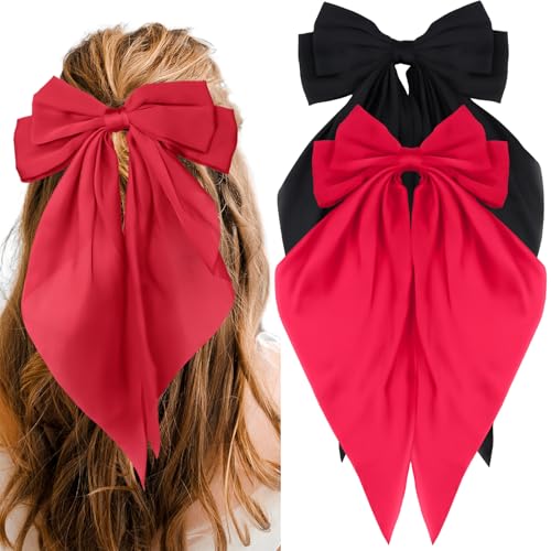 2PCS Red Hair Bow Black Halloween Clip, Big Bows for Girls Black Bow for Hair Clips, Satin Coquette Hair Bows with Long Tail Alligator Clips Accessories
