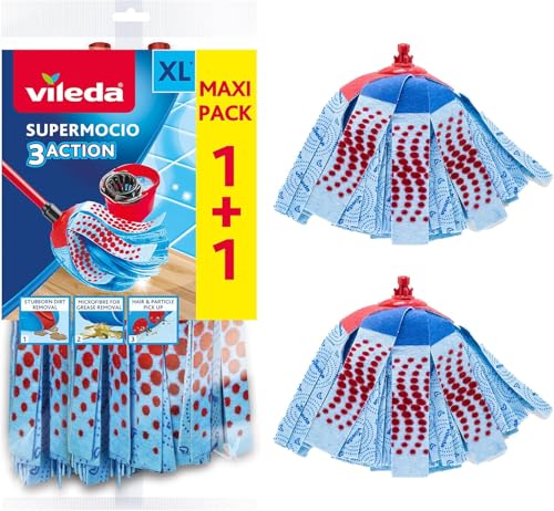 ZINNIAUK 2 x Vileda SuperMocio 3 Action XL Mop Refills – Maxi Pack 1+1 Pack | Microfibre Mop Head Replacement for Stubborn Dirt & Grease | Floor Cleaning Refills for Tile, Laminate & Wood