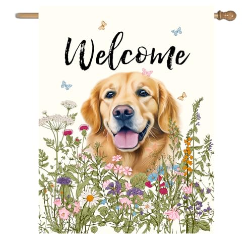 Floral Golden Retriever Garden Flag Spring Summer House Flags 28 x 40 Double Sided Flower Dog Yard Flags for Outside Large Outdoor Welcome Flags
