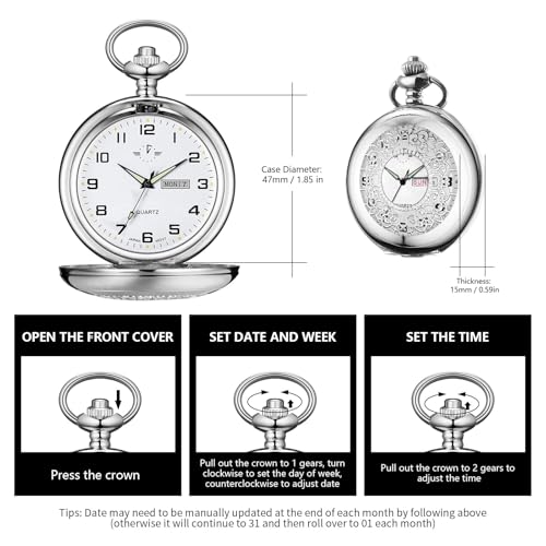 Image of BOSHIYA Smooth Quartz Pocket Watches for Men Classic Arabic Digital Luminous Dial & Day Date Pocket Watch with Chain Christmas Graduation Birthday Gifts