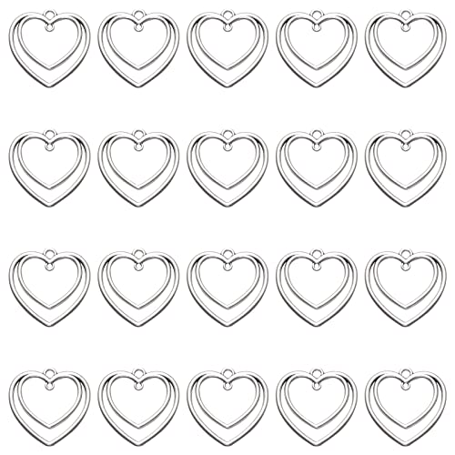 50Pcs Antique Silver Double Heart Pressed Flower Blank Frame Hollow Open Bezel Connector Charms Alloy Pendants For Jewelry Making DIY Necklace Bracelet Keychain Earring Resin Crafts