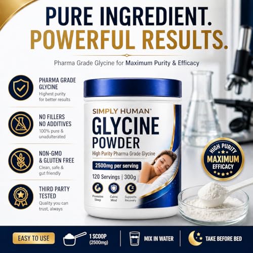 Image of Simply Human 100% Pure Pharma Grade Glycine Powder 300g | Neurotransmitter Amino Acid | Sleep, Calmness & Relaxation Support | Single Ingredient Supplement