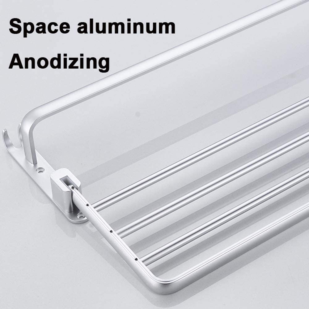 Rack Toallas Toallero Montado En La Pared Espacio De Aluminio Estante Doble Plegable con 2 Ganchos Accesorios De Baño