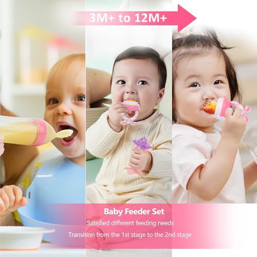 Image of WAJIAYON Baby Fruit Feeder Pacifier - 6 Pack | 2 Infant Food Feeder Pacifier & 2 Baby Food Dispensing Spoon | Fresh Fruit Teethers for Babies | Silicone Feeder Babies,Infant Teething Feeders -Pink