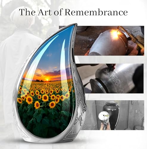Image of Teardrop Sunflower Flower Urns for Human Remains - Sunset Funeral Urns for Adult Ashes Women - Yellow Sunflower Urn for Human Ashes - Cremation Urn for Men and Women 10inch