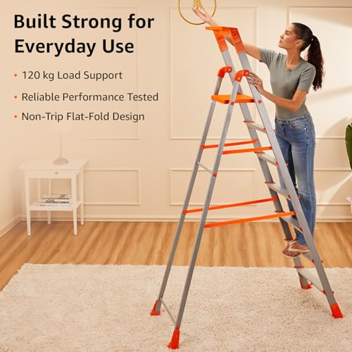 Image of Amazon Basics Clamber Pro+ - Foldable7 Step Ladder with Tool Tray, Firm Grip, 7 Steps (Aluminium Steps, Orange & Satin)