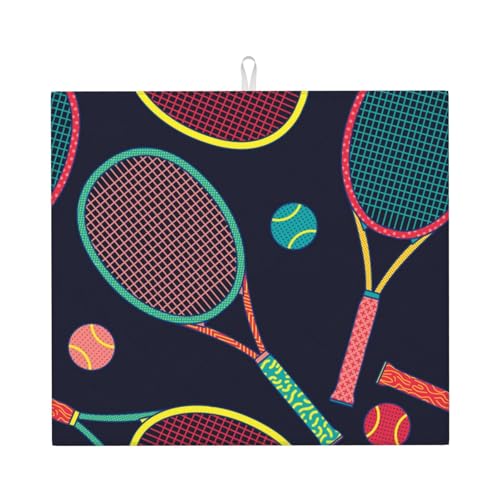 台所水切りマットカラフルなラケットとテニスボール 速乾吸水マット 食器乾燥マット 丸めて収納 皿置き 速乾性 耐油性 抗菌 消臭 お手入れ簡単 大判 衛生 防カビ 丸めて収納 滑り止め 棚シート46*41cm