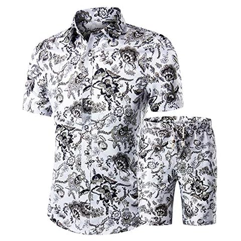 AOTORR Mens Floral Tracksuit 2 Pieces Short Sleeve Shirt and Shorts Suit Hawaiian Outfits Jogging Sweatsuit Sets DC02 White M Cover